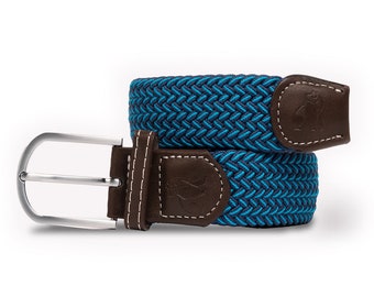 May include: A blue and navy braided belt with a brown leather buckle and a logo on the buckle.