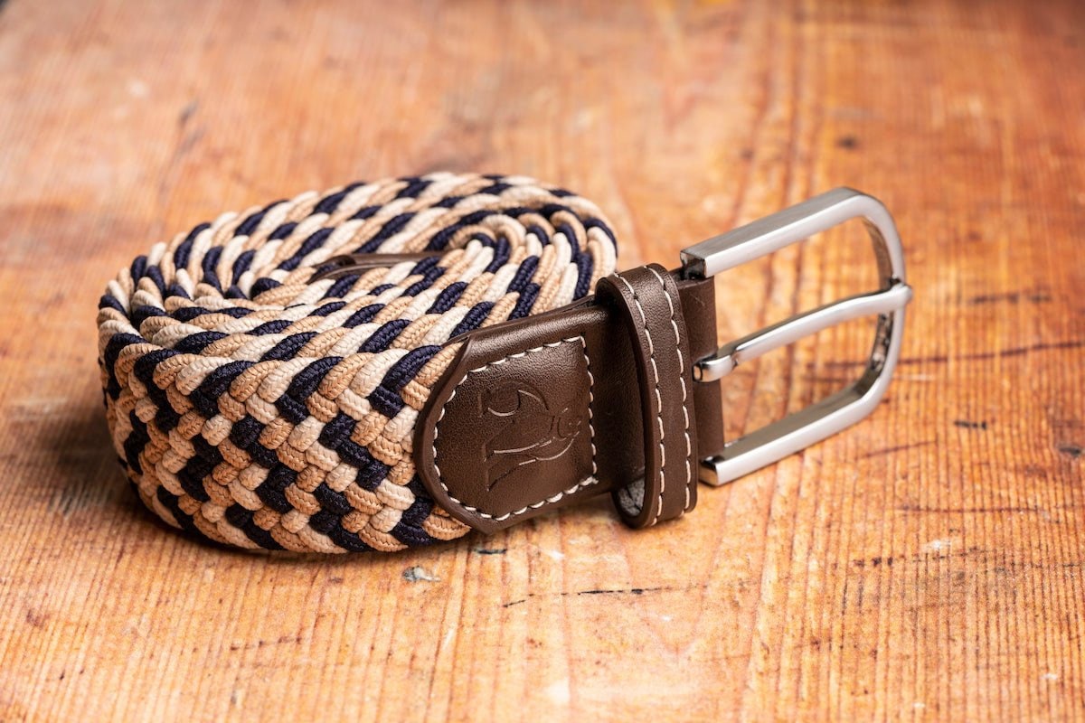 Woven Geometric Belt in Navy, Cream & Brown Buy Woven Leather Golf Belt - Brown Navy Blue  main image 3