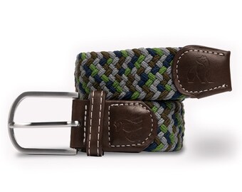 May include: A braided belt with a brown leather buckle and a green, blue, and gray pattern. The buckle has a small logo on it.