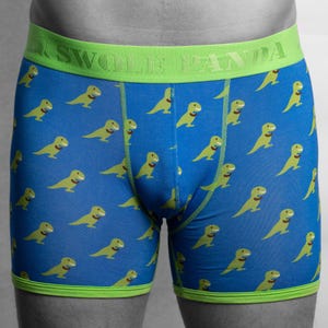May include: Blue boxer shorts featuring a pattern of green cartoon dinosaurs. The waistband is green with the text "SWIDLE PANDA" in green. The leg trim is also green.