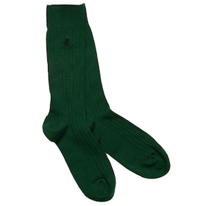 May include: A pair of dark green ribbed socks with a small embroidered logo on the top of one sock.