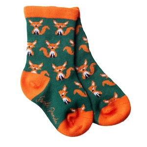 May include: A pair of green and orange socks with a fox pattern. The socks are made of cotton and are comfortable to wear.