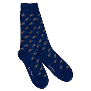 May include: A pair of blue socks with a repeating pattern of colorful bicycles. The socks have the text "Sweet Panda" on the side.