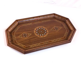 20" Matt Walnut Veneer Wooden Mosaic Inlaid Handmade Tea-Coffee Tray