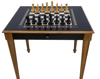 Handgemaakte houten zwarte schaaktafel - Grote luxe schaaktafelset met lades