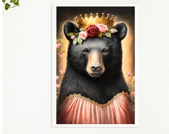 Queen Black Bear Digital Art Print - Nature Lover Wall Art pour les chambres d’enfants - Princess Black Bear Printable Decor