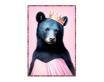 Pink Princess Black Bear - Impression d’art numérique réaliste - Art mural amoureux de la nature pour les chambres d’enfants - Décor imprimable Black Bear