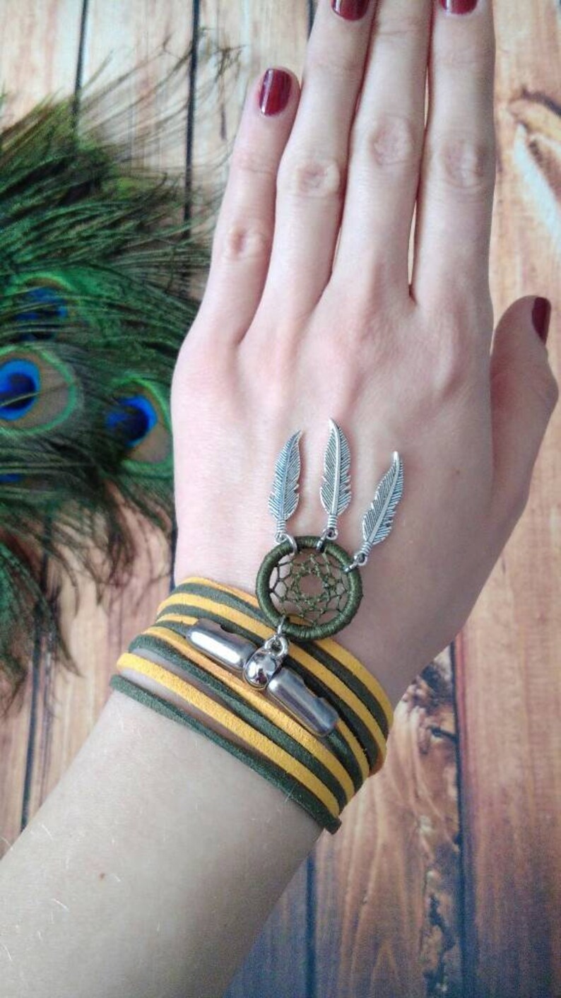 Boho style bracelet Wide bracelet Summer camp Yellow and green bracelet Lace bracelet Dreamcatcher bracelet Dream catcher pendant