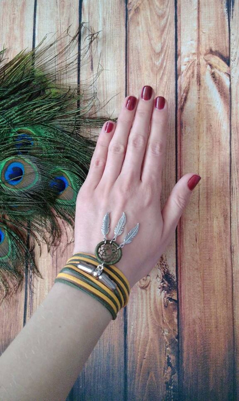 Boho style bracelet Wide bracelet Summer camp Yellow and green bracelet Lace bracelet Dreamcatcher bracelet Dream catcher pendant