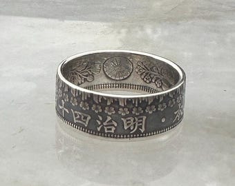 Antique Meiji Japanese 50 Sen Silver Coin Ring With Cherry Blossom