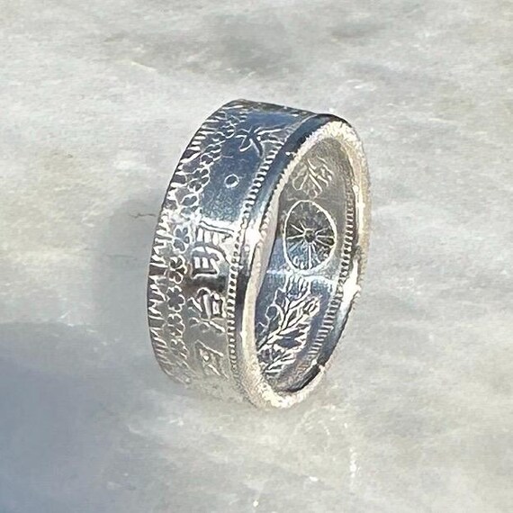 Antique Meiji Japanese 50 Sen Silver Coin Ring With Cherry Blossom