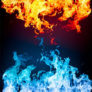 May include: Abstract image of blue and orange flames against a dark background. The flames are stylised and appear to be dancing.