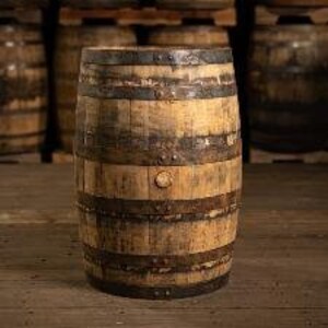 May include: A wooden barrel with metal bands and a wooden top. The barrel is brown and has a weathered look.