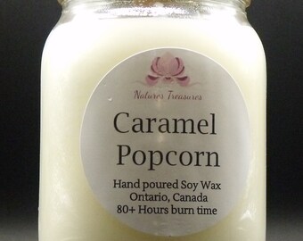 Caramel Popcorn Soy Wax Candle - Mason Jar 80+ Hours Burn Time - wooden wick