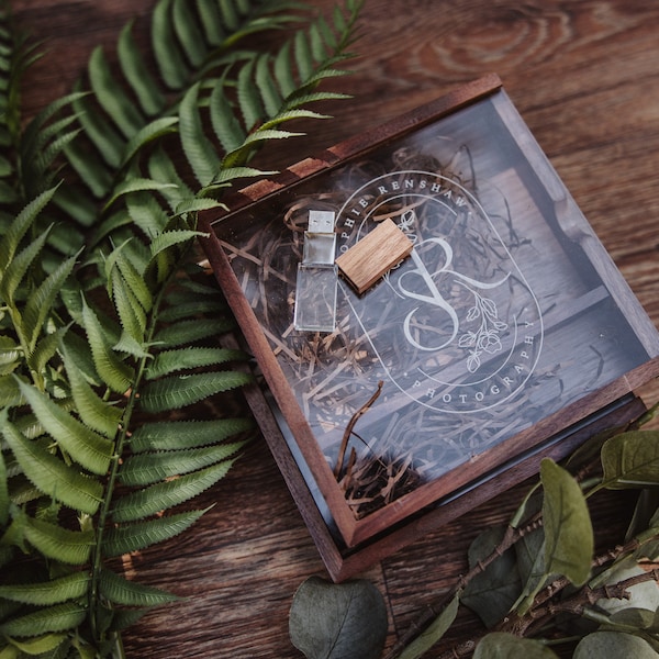 Premium wood walnut photo box & USB,  Personalised gift with acrylic lid,  UK Based -  ECO Friendly for photographers