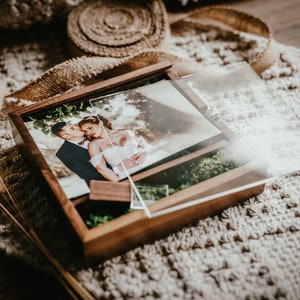 Premium walnut wood photo & USB box,  Personalised Laser Engraved photo box for photographs,  Custom photo box for photographers - UK based