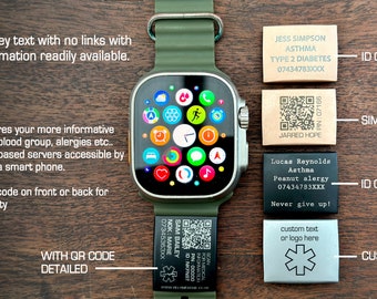 Etiqueta de alerta de identificación médica, etiqueta personalizada, contacto de emergencia, Alzheimer, diabetes, afasia, demencia, etiqueta médica, accesorio para reloj inteligente