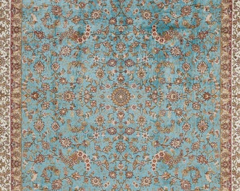 Alfombra de seda turca azul y marfil de 7x10