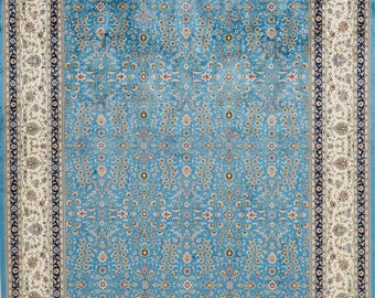 Alfombra de seda turca azul y marfil de 7x10