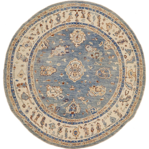 8x8 Blue and Ivory Turkish Oushak Rug