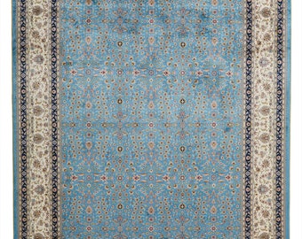 Alfombra de seda turca azul y marfil de 7x10