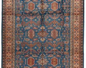 10x13 Navy and Peach Kazak Tribal Rug