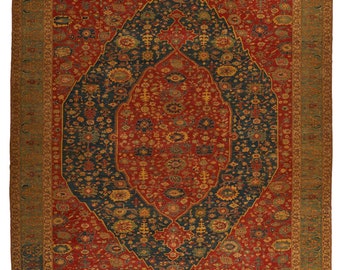 May include: A traditional Persian rug with a red, blue and green colour scheme. The rug features a central medallion with intricate floral patterns and a repeating border design.