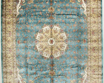 9x12 Blue and Gold Turkish Silk Rug