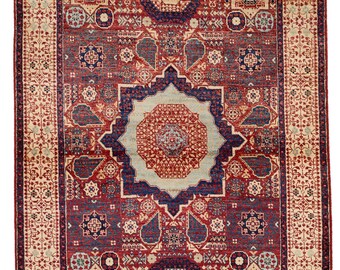 4x6 Burgundy and Ivory Turkish Tribal Rug