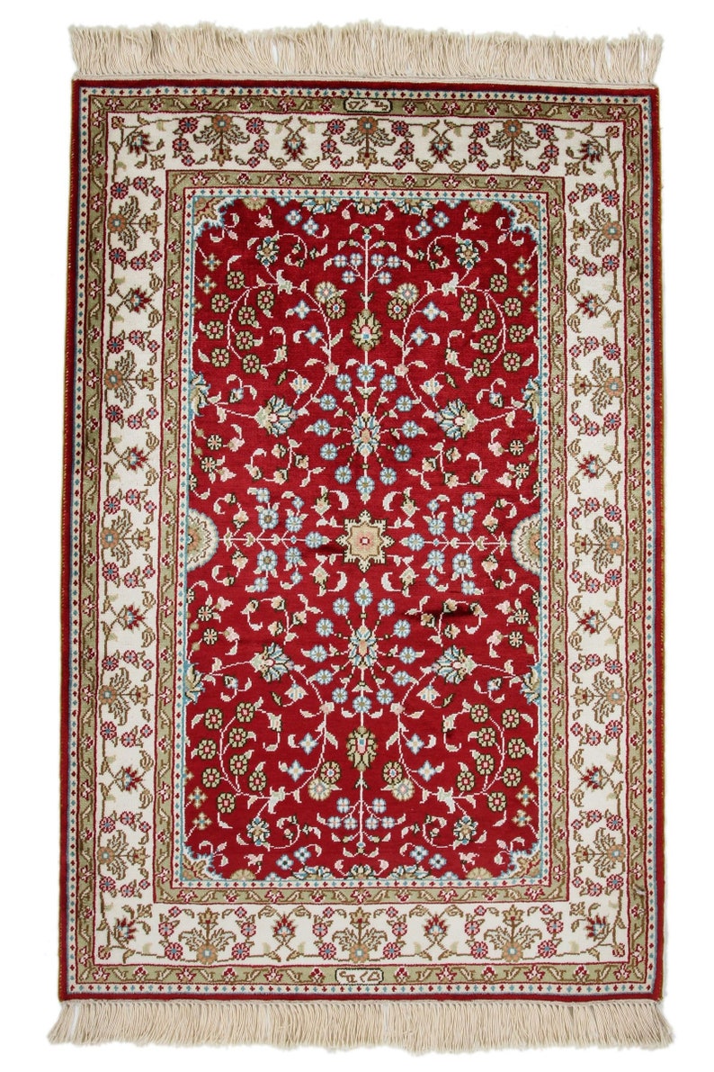 2x3 Red and Ivory Turkish Silk Rug - Etsy