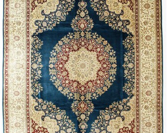 9x12 Blue and Ivory Turkish Silk Rug