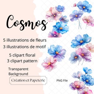 Clipart Watercolor Abstract Cosmos Flowers Commercial Use,Téléchargement Numérique Utilisation Commerciale,Illustration Fleurs de printemps