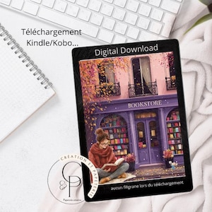 Puede incluir: Una imagen de descarga digital que presenta una escena de librería con una persona leyendo. La imagen tiene el texto "Digital Download" en la parte superior. También tiene el texto "BOOKSTORE" y "CREATION ET PAPETERIE".