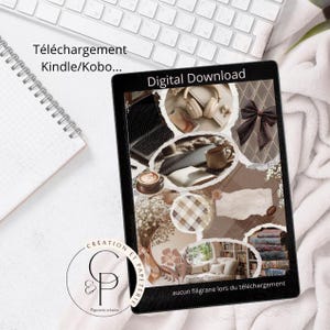 Peut inclure: Une tablette affiche un téléchargement numérique avec un collage de café, d'écouteurs et d'un nœud. La tablette est sur une surface blanche avec un clavier et un carnet en arrière-plan. Le texte comprend "Digital Download".