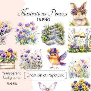 Wild Pansy Flowers Set,Digital Clipart PNG,Watercolor Illustrations