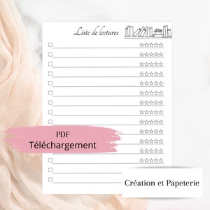 May include: A printable reading list with a bookshelf illustration at the top. The list has checkboxes and space for writing book titles. The text "PDF Téléchargement" is at the bottom of the page.