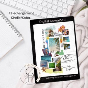 Peut inclure: Téléchargement numérique affiché sur une tablette noire. L'écran présente un collage avec les mots "summer time" et "Digital Download". Les images incluent des scènes tropicales, des fleurs et des noix de coco. Le texte "Creation et Papeterie" est également visible.
