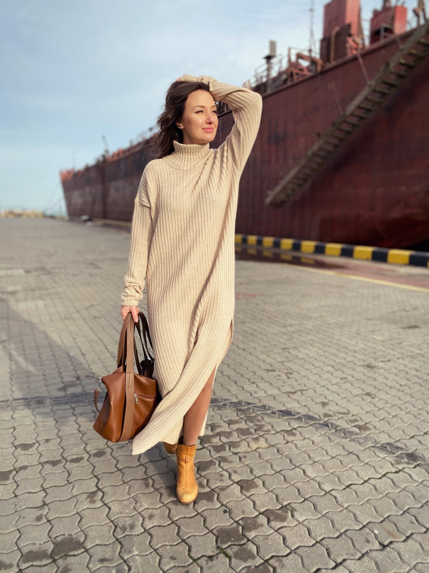 Long Knit Sweater Dresses Women Mid Sweater Dress Autumn Winter