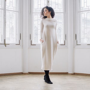 dress cocoon. Midi dress. Wool merino dress. dress. Knitted dress. Luxury knit dress. white dress.