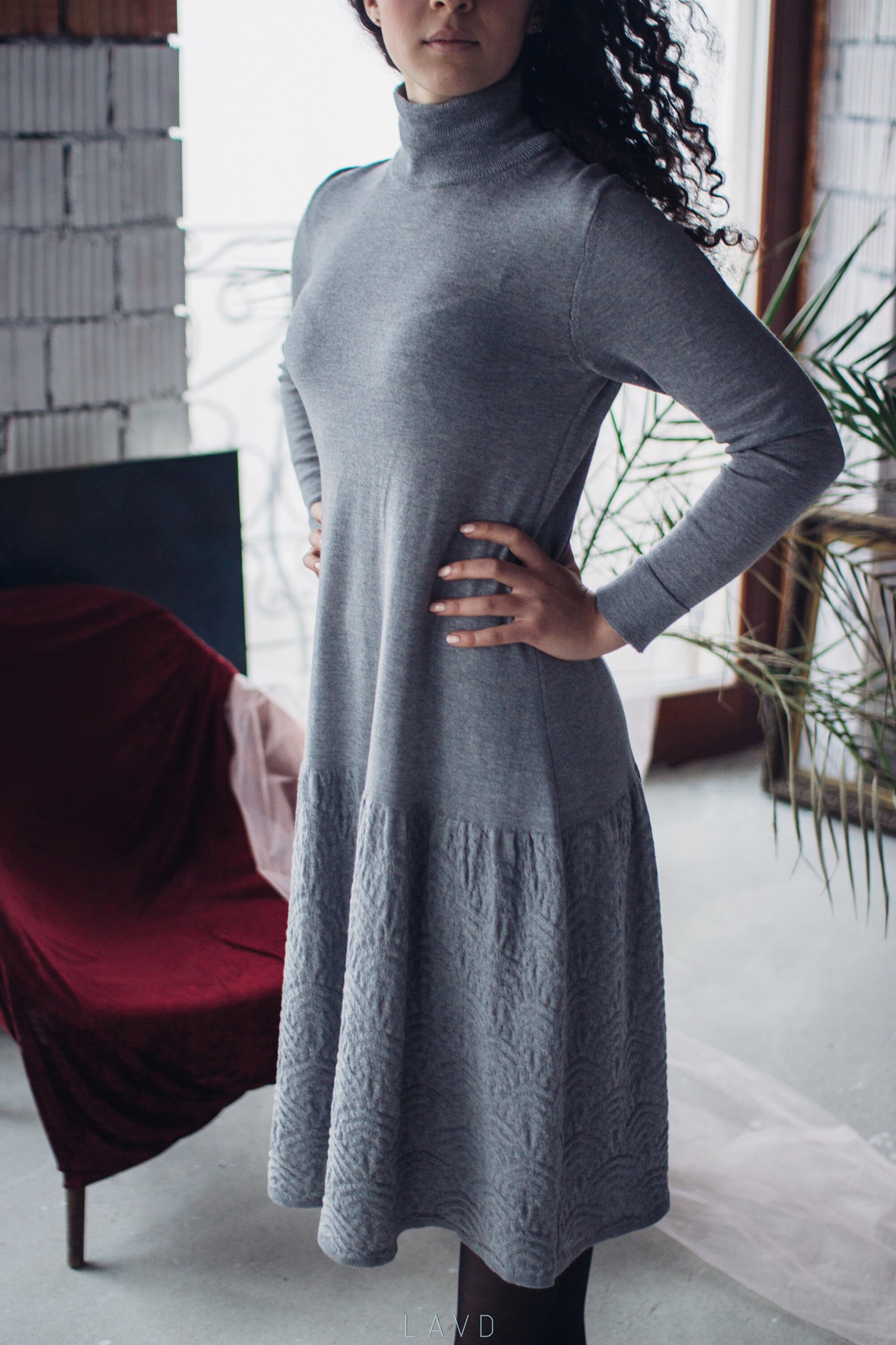 Round-Neck Merino Wool Knitted Midi Dress