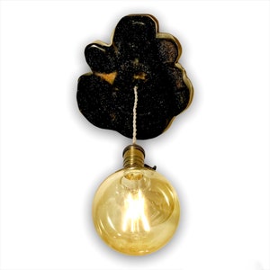 May include: A black resin pendant light with a gold bulb and a black cord. The pendant light is shaped like a leaf.