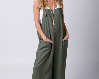 SAFFY Ladies Lightweight Loose Fit Linen Dungarees - Green