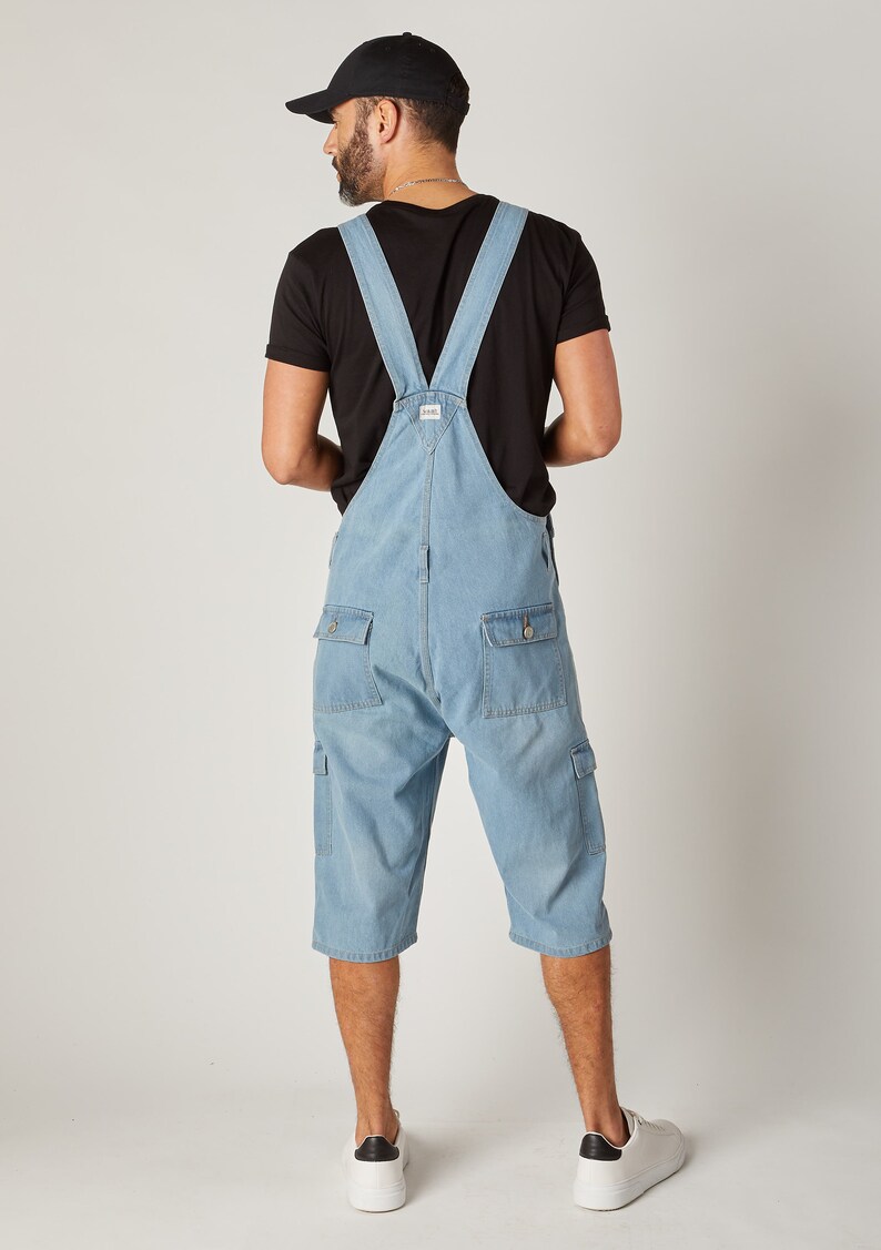 Blake Mens Cargo Pocket Denim Bib Overall Shorts Palewash Etsy