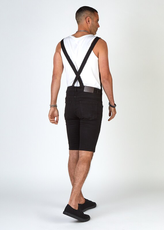 Mens Skinny Black Denim Dungaree Shorts 