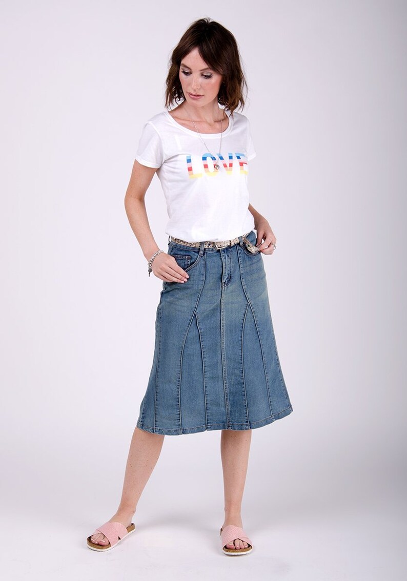 Kim Stretch Denim Flared Skirt Midwash | Etsy