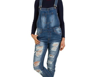 Womens Loose Fit Dungarees - Distressed Denim - UK 6