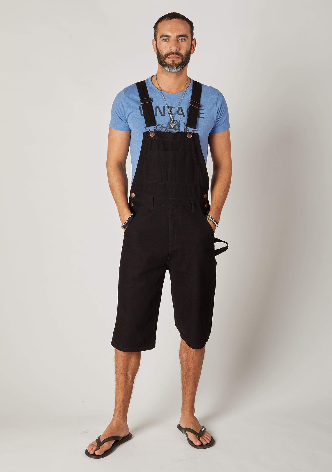 Mens Dungaree Shorts Black Chet Etsy
