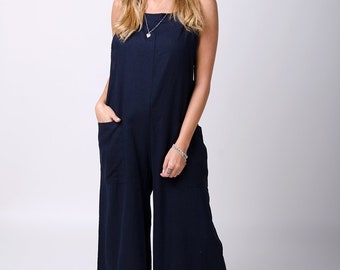 SAFFY Ladies Lightweight Loose Fit Linen Dungarees - Navy