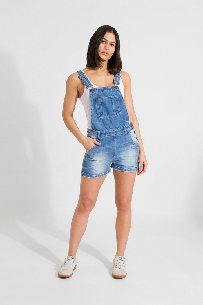 Image of xenya Womens Oversized Denim Dungaree Shorts Light Wash