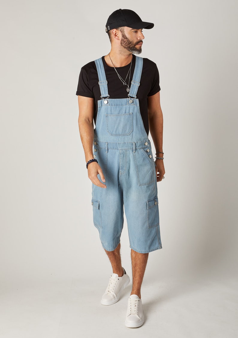 Blake Mens Cargo Pocket Denim Bib Overall Shorts Palewash Etsy